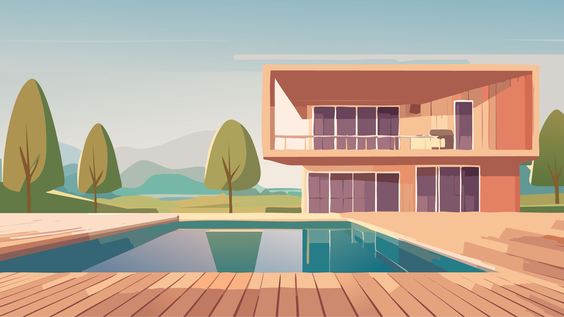 Bannière qui montre une vue dessin coloré d'un entourage de piscine, maison d'architecte moderne et jardin d'agrément sur ciel bleu
