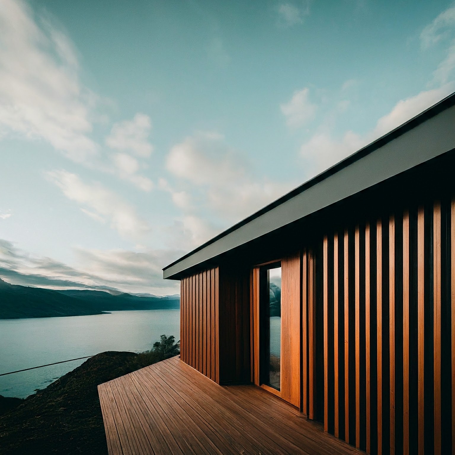 Représentation d'un habitat moderne de plein pied avec terrasse et bardage bois sur un paysage de mer et montagne.